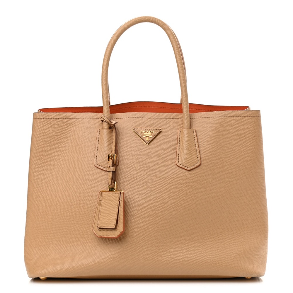 PRADA Saffiano Cuir Medium Double Bag Noisette Papaya